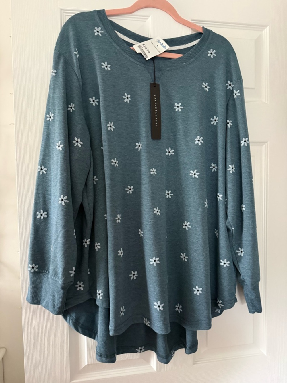 Jane and Delancey Teal Crewneck Sweater with White Daisy Print